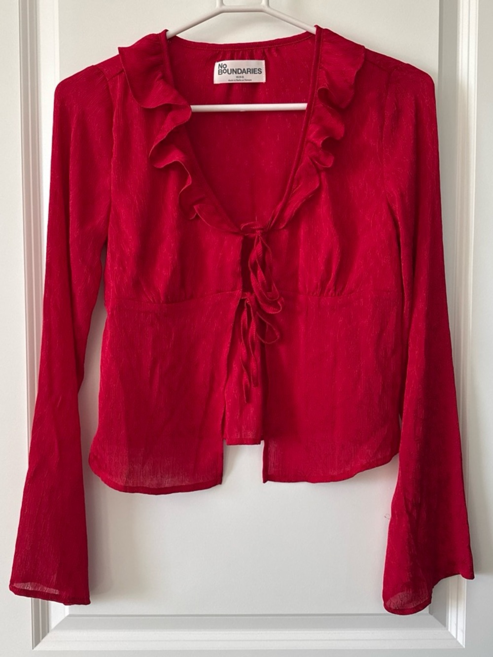 No Boundaries Bright Red Ruffle Tie-Front Blouse